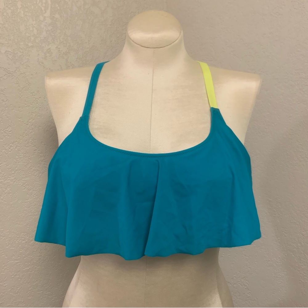 PINK Victoria's Secret Swim M Teal Flounce Bikini Top Neon Yellow Black Strappy